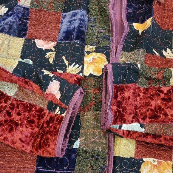 Vintage 90s XL Patchwork Velvet Jacket Reversible Floral‎ Whimsigoth Burgandy - Picture 5 of 14